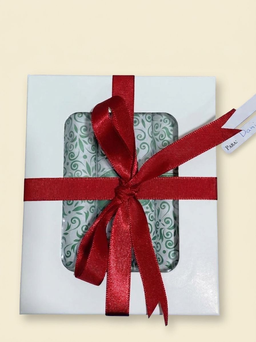 A white gift box with a window showing habanitos in green patterned wrappers, tied with a red satin ribbon and a handwritten name tag